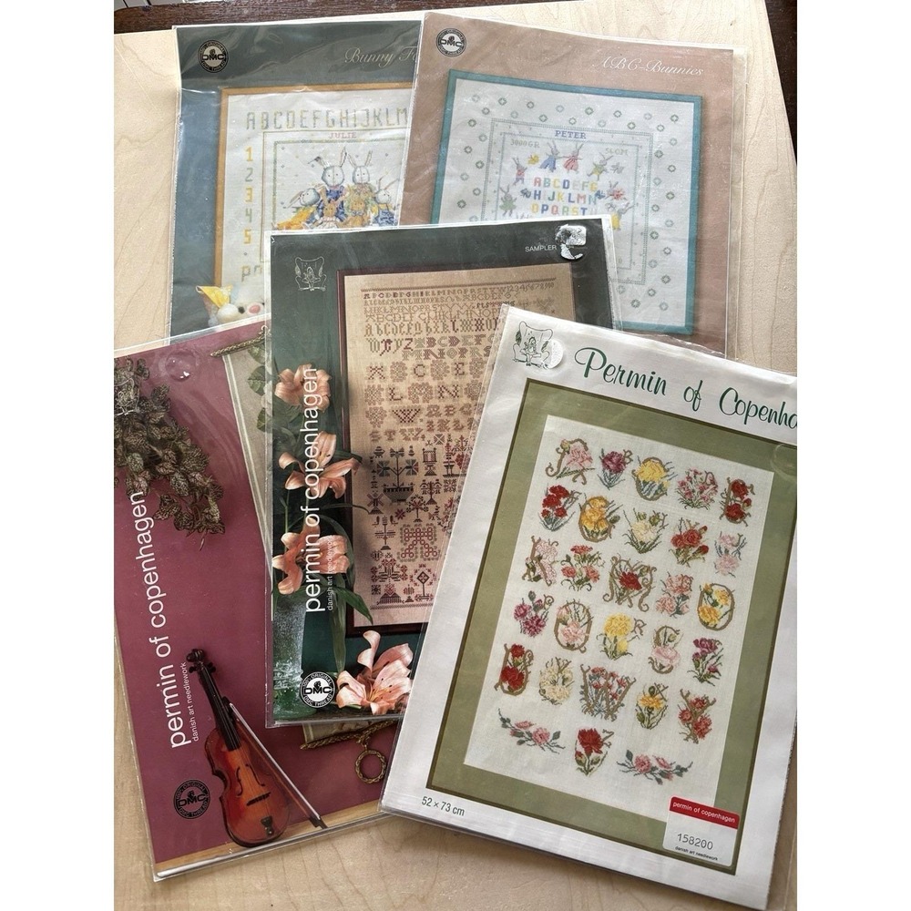 Permin of Copenhagen Embroidery Chart Pattern LOT of 5 Carnation Alphabet Rose